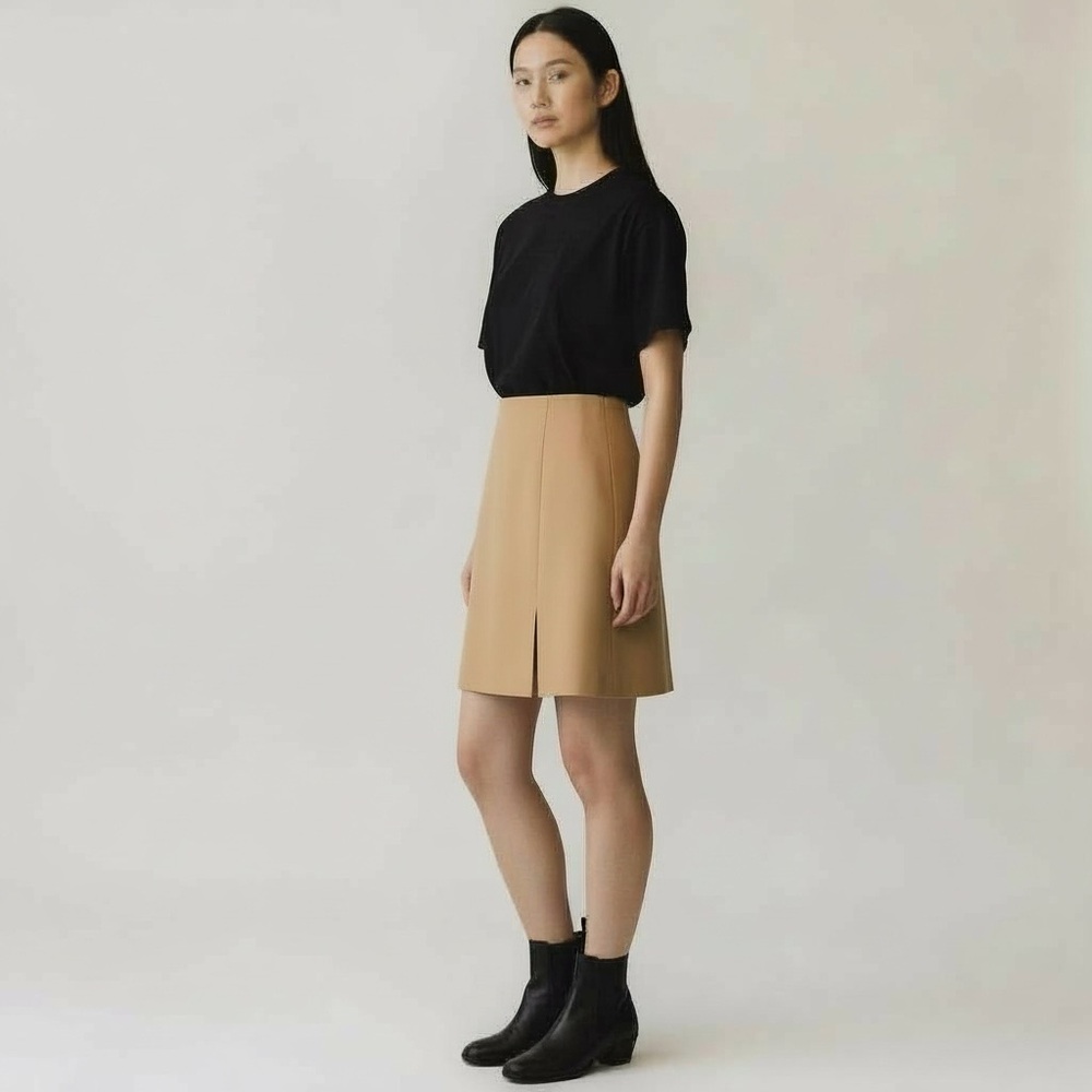 Camel wool pencil skirt with slit fully lined stretch fabric classic